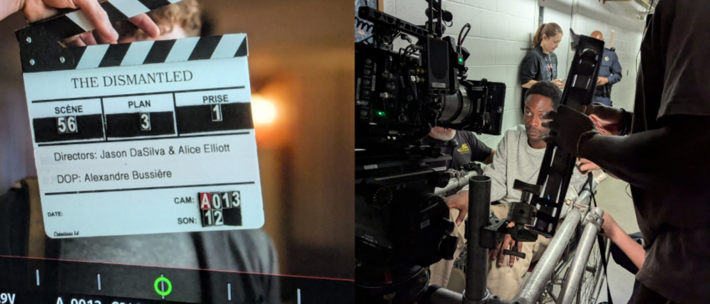Two images from the filming of The Dismantled are side by side. On the left is a black-and-white slate from during filming. On the right, actor Donovan Whyte is being filmed in a rig set up to fit his wheelchair.